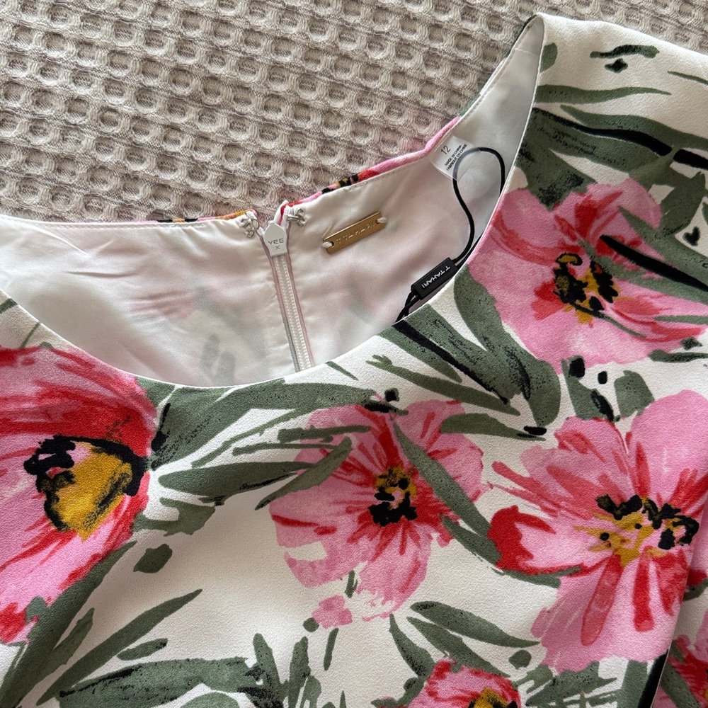 Tahari Floral Belted Dress with Pink and Green Accents